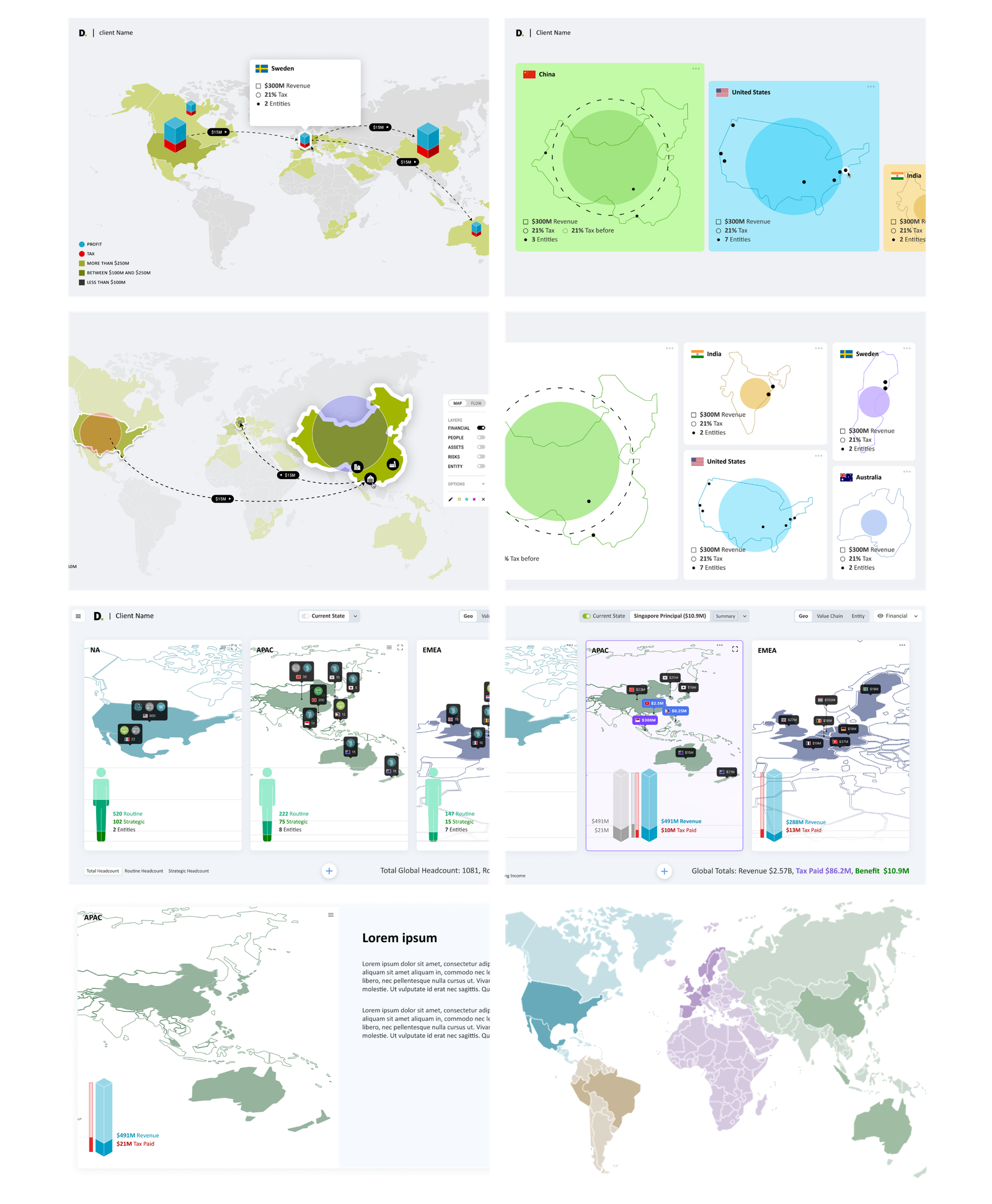 Deloitte VCA Platform final designs — Hero Map View showing global tax flows, Entity drilldowns by country, regional Strategy Creation views