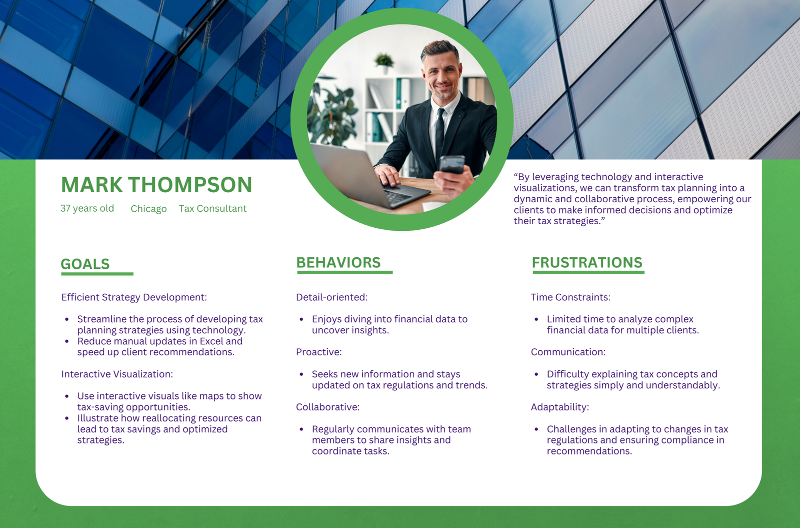 Deloitte Power User persona — Mark Thompson, Tax Consultant, with goals, behaviors, and frustrations