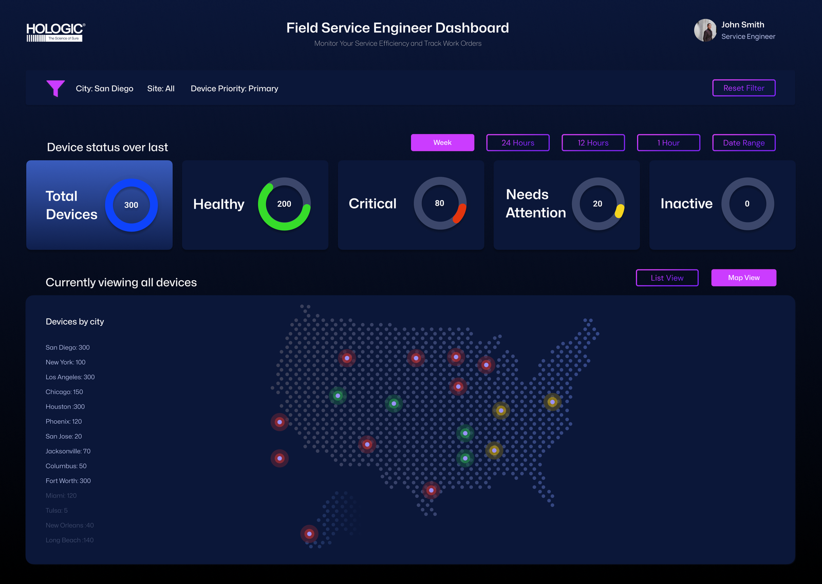 Field Service Engineer Dashboard — map view showing device distribution across the US