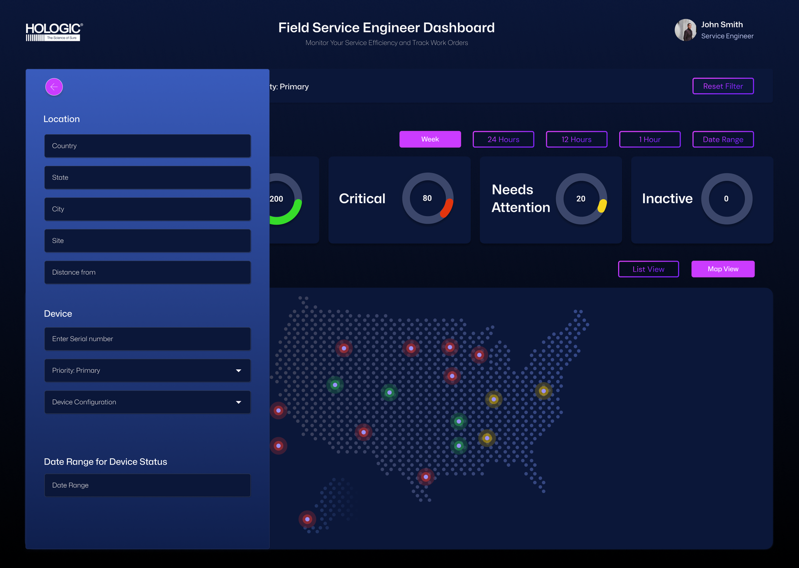 Field Service Engineer Dashboard — filter panel with location, device, and date range options